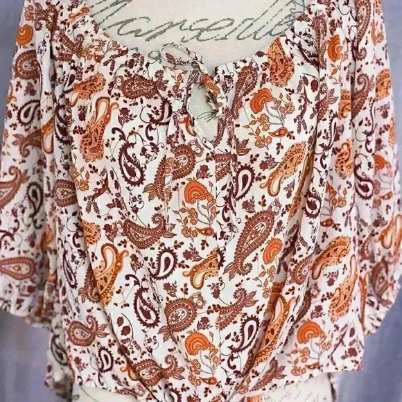 Stella Tweed XL paisly print brown/orange/tan tie front pullover shirt - Picture 2 of 14